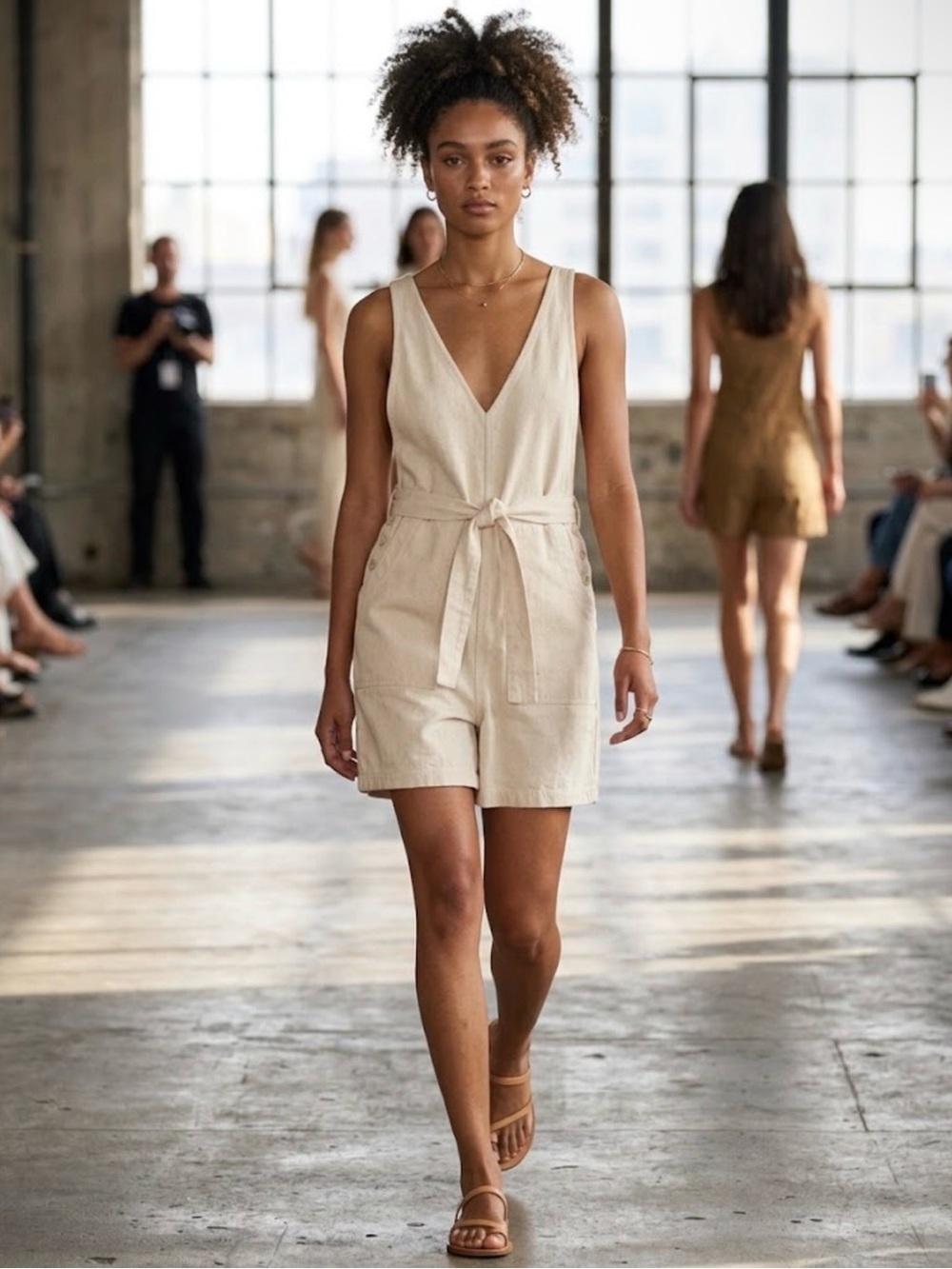 Alex Mill Cream Canvas Tie Waist Romper Overalls V-Neck Short Jumpsuit Natural L